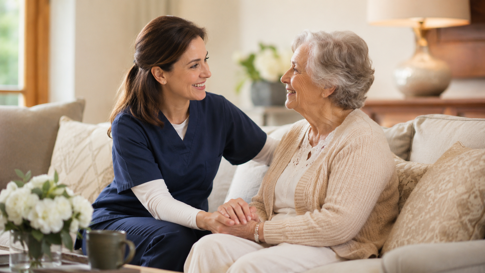 Caregiver and senior smiling together on a couch
