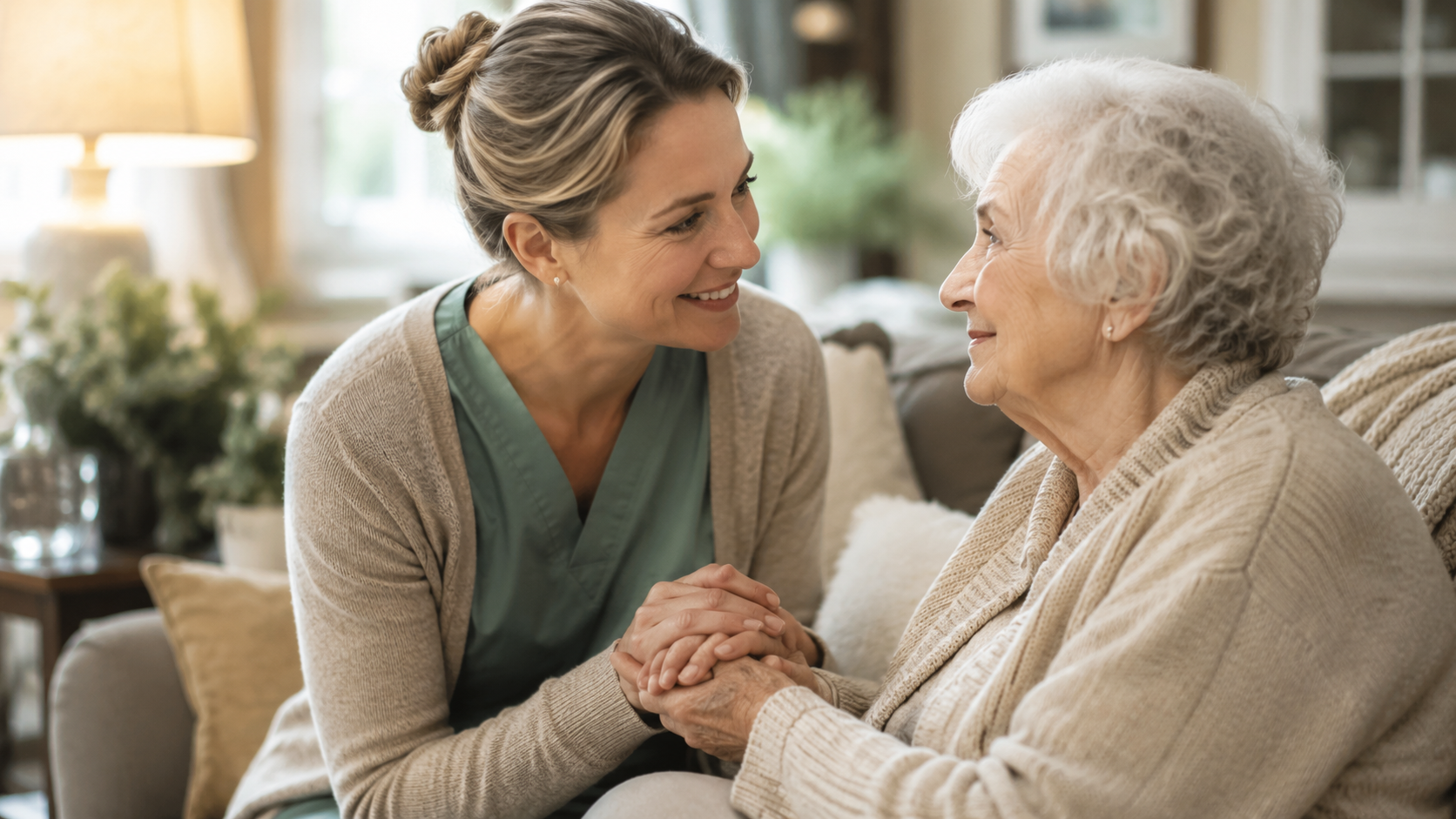Caregiver smiling with a senior client at home