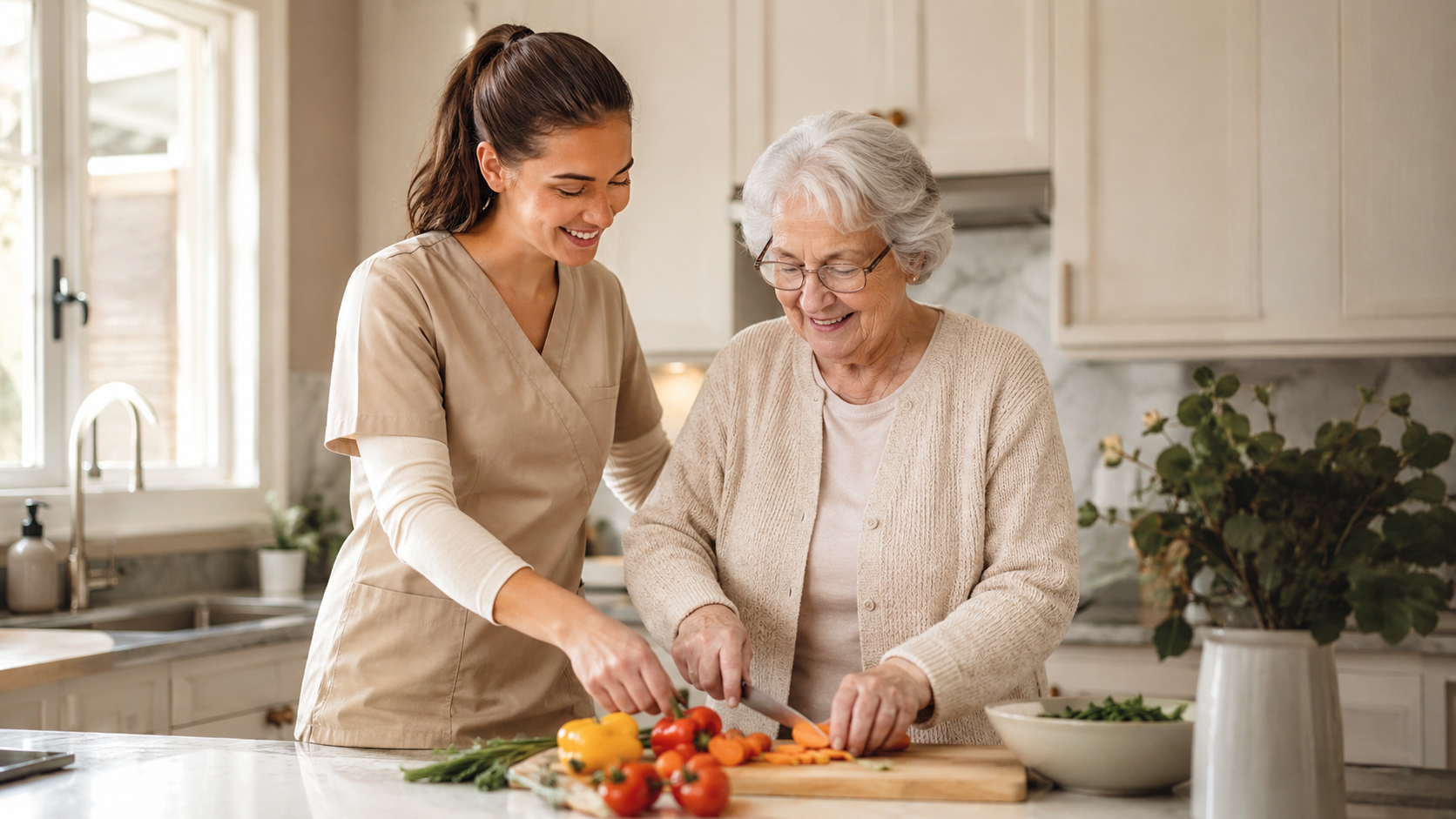 Caregiver helping an older woman prepare food in the kitchen