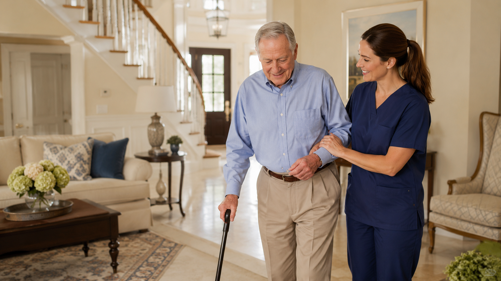 Caregiver helping an older man walk safely with a cane